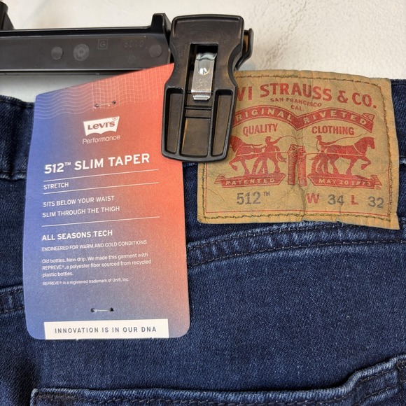 Levis 512 Jeans Mens 34x32 Blue Slim Taper Performance Stretch All Seasons - Picture 3 of 9